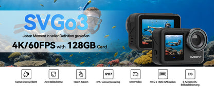 SVBONY SVGo3 4K 60FPS underwater camera, action camera with 128 GB storage, magnetic quick-release, 1/2.7-inch sensor, waterproof up to 12m (without housing), EIS 2.0, 2 batteries (1800mAh) and accessories
