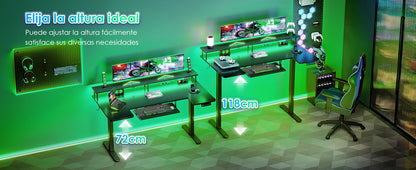 Offigo U Shape Elevating Desk Table, 140cm Electric Elevating Desk with Monitor Stand, USB Plugs and Charging, Standing Desk with Led, Table for Gaming Computer and Office, Black