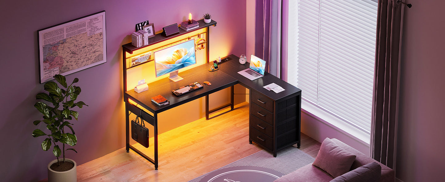 Coleshome L-Shaped Gaming Desk with 4 Drawers, 130X100Cm Gamer Desk with Led and Plugs, Corner Desk Gaming Table with Shelf for Home Office Games, Black