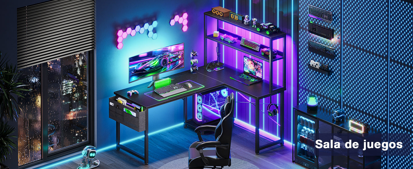 Coleshome L-Shaped Gaming Desk with Led and Sockets, 135×100cm, Black