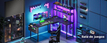 Coleshome L-Shaped Gaming Desk with Led and Sockets, 135×100cm, Black