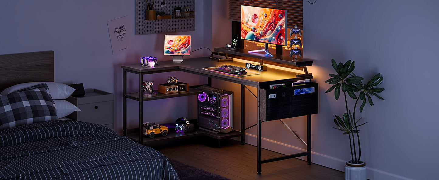 Coleshome Gaming Desk with Led, 120X80Cm Corner Desk with Reversible Shelves, L-Shaped Gaming Table with Power Outlets and USB Gaming Table with Monitor Stand Home Office, Black