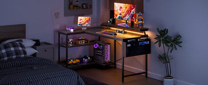 Coleshome Gaming Desk with Led, 120X80Cm Corner Desk with Reversible Shelves, L-Shaped Gaming Table with Power Outlets and USB Gaming Table with Monitor Stand Home Office, Black