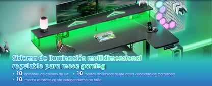 Offigo U Shape Elevating Desk Table, 140cm Electric Elevating Desk with Monitor Stand, USB Plugs and Charging, Standing Desk with Led, Table for Gaming Computer and Office, Black