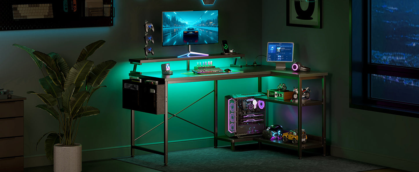 Coleshome Gaming Desk with Led, 120X80Cm Corner Desk with Reversible Shelves, L-Shaped Gaming Table with Power Outlets and USB Gaming Table with Monitor Stand Home Office, Black